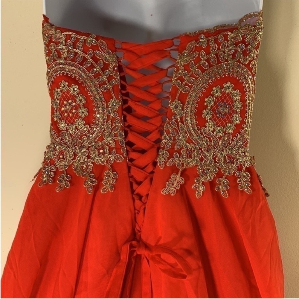 Red Strapless Tulle Party Dress with Gold Embellished Bodice. 4. NWT. - Picture 12 of 13